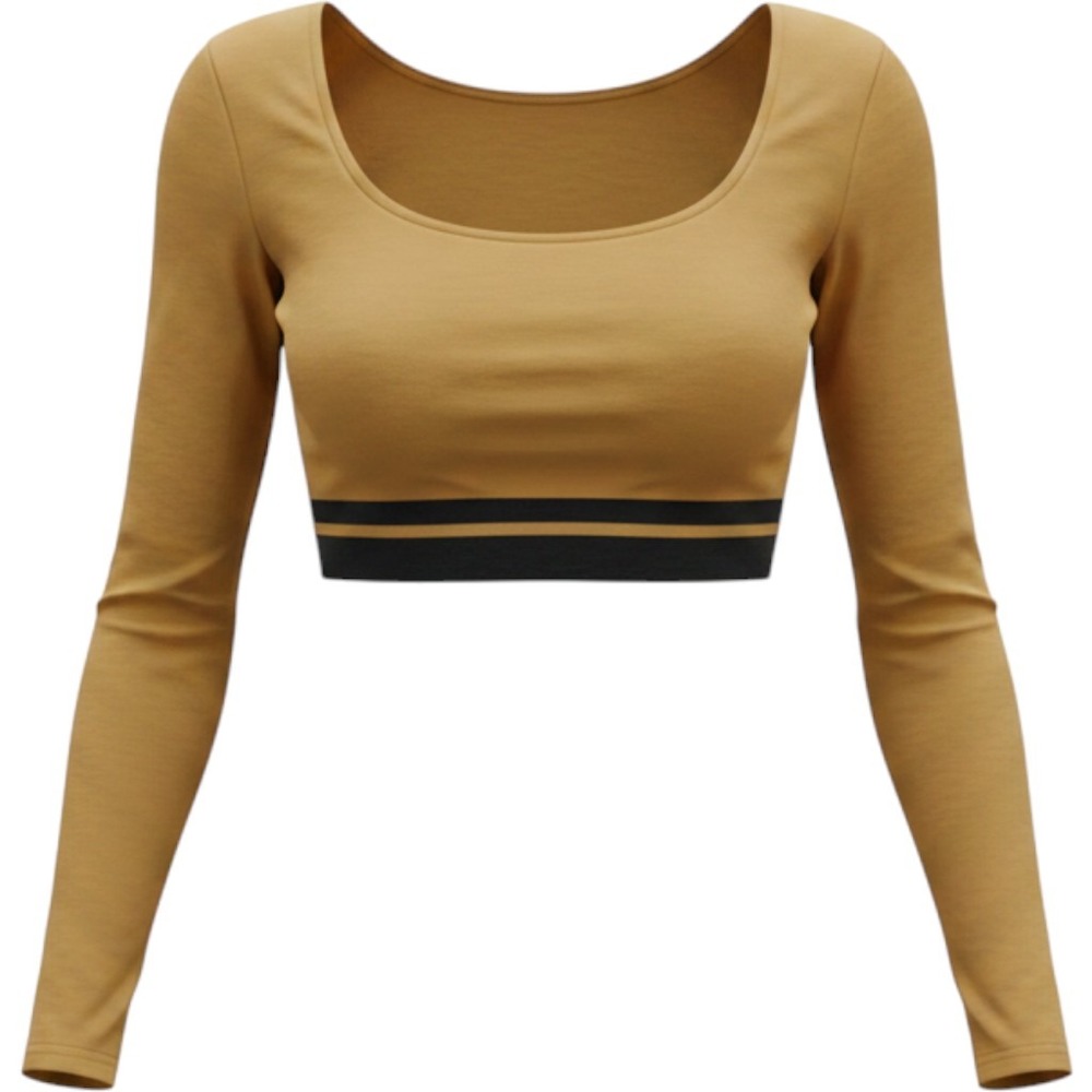 JoyLab Womens Long Sleeve Crop Top Tan Black Striped Waist Athleisure Small
